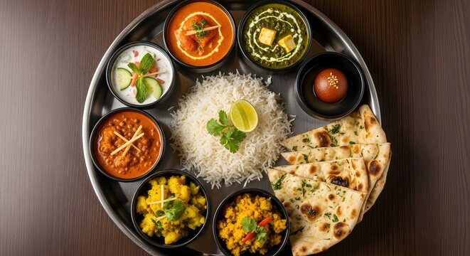 Authentic indian thali meal with rice naan and various curries