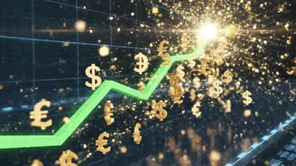 Animated image of financial data with a rising green line, gold currency symbols (dollar, euro, pound) floating above. A grid in the background - Powered by Adobe