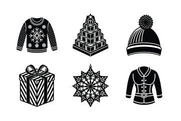 set of christmas silhouette icons