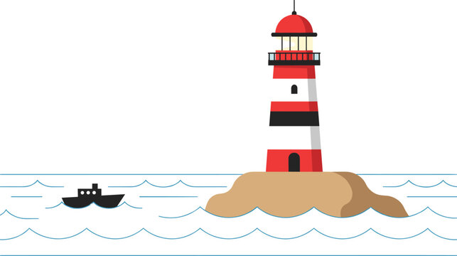 Red and white striped lighthouse on a rocky island with small ship sailing nearby, symbolizing nautical navigation, maritime safety, guidance, sea travel, and coastal warning