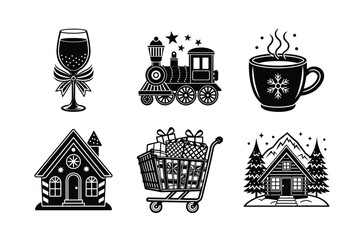 set of christmas silhouette icons