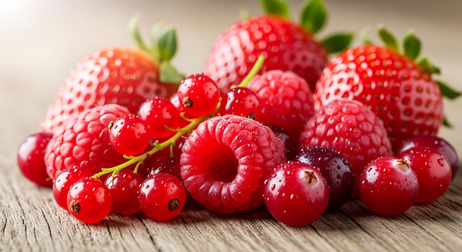 A bountiful harvest of assorted fresh red berries, including juicy strawberries and raspberries, arranged on a rustic wood surface - Powered by Adobe