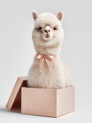 Fototapeta premium Alpaca sits in a pink gift box in a studio. The soft pink bow adds charm to the pose.