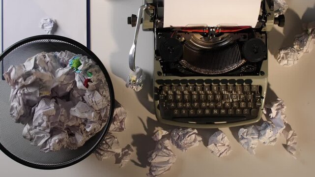 Vintage typewriter sitting on a white desk, surrounded by many crumpled paper balls and a full trash can, symbolizing creative frustration and the struggle with writer's block