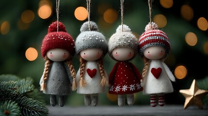 Handmade Christmas ornaments of four cute felt dolls with winter hats and heart details hanging against blurred holiday lights background.