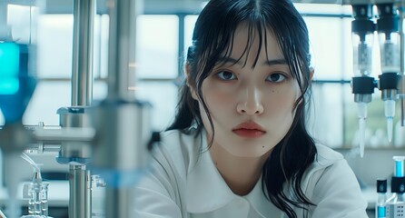 Young Asian female scientist in white lab coat working with laboratory equipment, focused expression during chemical research experiment.