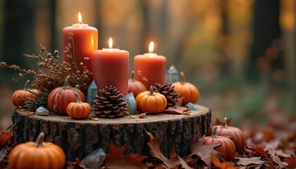 Autumn altar setup with lit candles, pumpkins, pinecones, and crystals on a tree stump. Dried herbs and fall leaves complete woodland scene. Peaceful atmosphere for Samhain celebration.