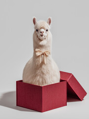 Fototapeta premium Alpaca sits in a red gift box. A beige bow around its neck adds a playful holiday mood.