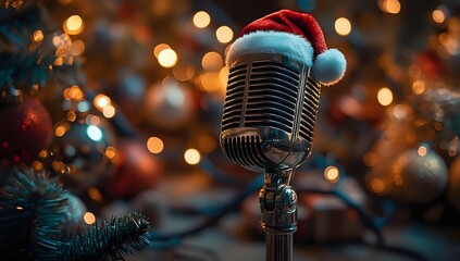 Vintage microphone with Santa hat against blurred Christmas decorations and warm bokeh lights, creating festive holiday atmosphere.