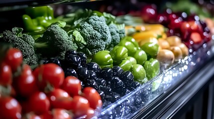 Fresh colorful vegetables and fruits in grocery store display. Broccoli, tomatoes, grapes, and bell peppers arranged in retail produce section.