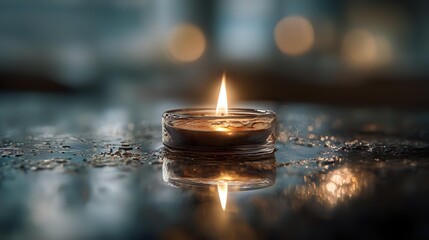 Single burning candle in glass holder on reflective wet surface with soft bokeh background, creating peaceful ambiance for meditation or spa settings.