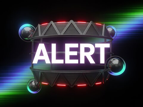 A futuristic 3D render of an "ALERT" sign with glowing text, neon lights, and metallic elements on a dark, abstract background with light streaks.
