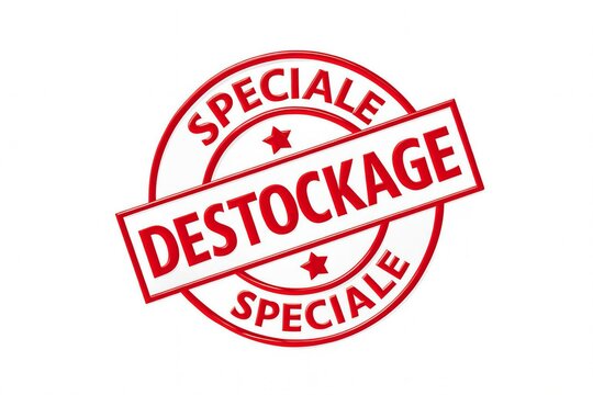 Red circular stamp with the text destockage speciale in white indicating a special clearance sale or liquidation event