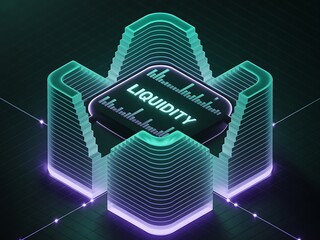 Abstract digital illustration of a glowing liquidity symbol in a technological environment.