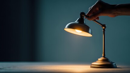 Hand adjusting vintage brass desk lamp with warm glow illuminating wooden surface against dark teal background, creating atmospheric workspace lighting.