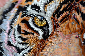 Extreme close-up of tiger eye with detailed fur texture showing orange, black, and white stripes. Vibrant amber iris with distinctive feline pupil.