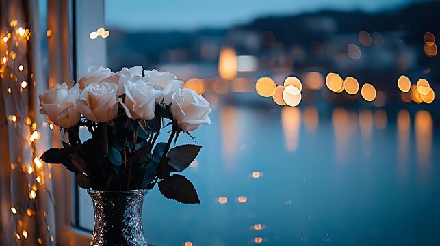 Elegant white roses in crystal vase by window with twilight cityscape and bokeh lights reflecting on water surface, creating romantic ambiance. - Powered by Adobe