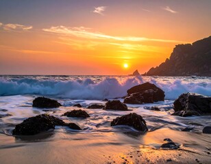 A breathtaking ocean sunset over a secluded beach, with waves crashing on dark rocks, and a golden sun setting