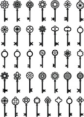 Elegant vintage key collection featuring ornate decorative designs, detailed silhouettes, antique shapes, and classic vector artwork perfect for creative, historical, and ornamental design projects