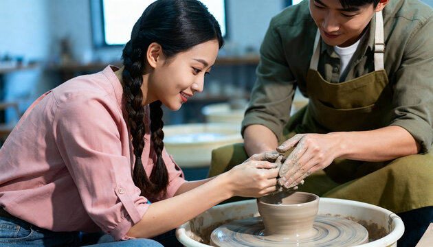A young Asian couple making pottery on a wheel in a workshop. Man guiding a woman's hands to shape clay. Romantic date and creative hobby concept