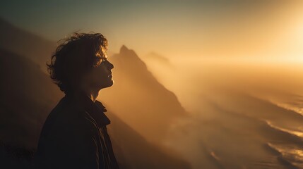 Silhouette of young man with curly hair gazing at dramatic coastal mountain landscape during golden hour sunset with fog rolling over ocean waves.