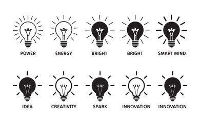 Set of monochrome light bulb icons representing thinking, solutions, and success concepts. vector illustration eps 10