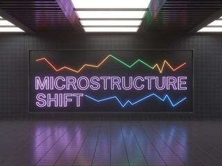 Neon sign displaying the words "Microstructure Shift" with colorful lines, set in a dark room.