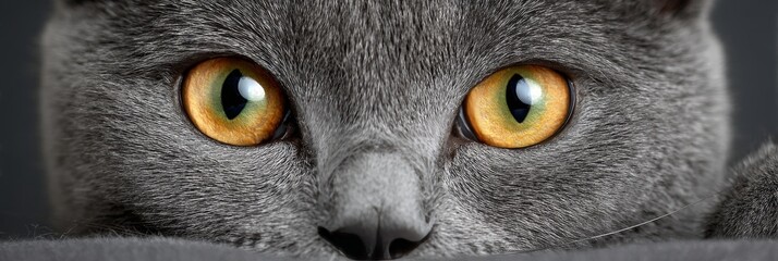 Charming Close-Up of a British Shorthair Cat with Expressive Eyes Against a Soft Gray Background