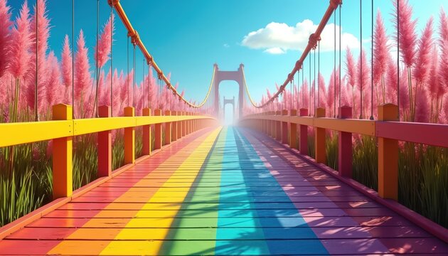Rainbow colored bridge in park with pink plants. Wooden bridge with rainbow colors on pathway. Pink plants, blue sky with clouds in background. Pathway leads to bridge in distance. Vibrant colors of