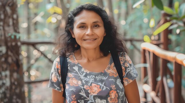 Middle-aged Hispanic woman with curly hair smiling at camera in forest setting, wearing floral pattern top and backpack while hiking on wooden pathway. - Powered by Adobe