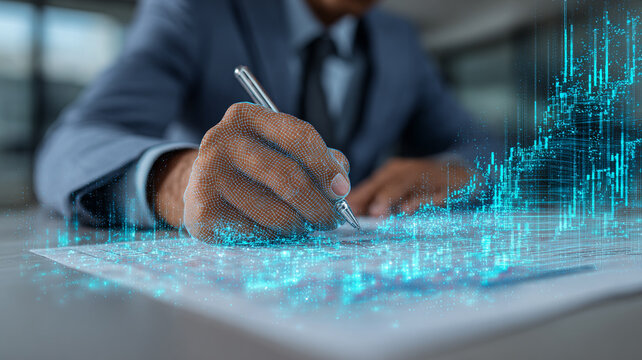 A professional businessperson writing on a report, with digital graphs and data overlay, representing analysis and modern technology in the workplace.
