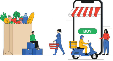 Online Grocery Shopping and Fast Food Delivery Service via Mobile App Concept Vector Illustration for Modern E-commerce Business and Customer Convenience.