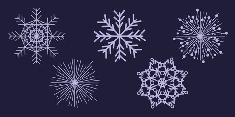Collection of assorted winter snowflakes in vector style. Ideal for holiday cards, banners, prints, packaging, invitations, and festive winter projects.