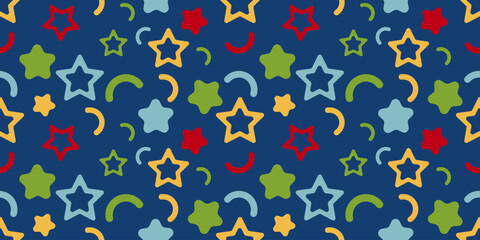 Vibrant seamless pattern with colorful confetti and cheerful stars on blue background. Perfect for party prints, festive textiles, wrapping paper, and celebration designs