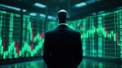 A businessman standing confidently in front of digital stock market graphs, reflecting determination and strategy.