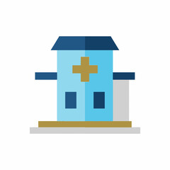 Obraz premium Flat Illustration of a Modern Hospital Building with Cross Symbol and Blue Color Scheme.