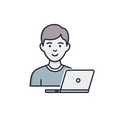 Flat line icon of a smiling young man with grey hair working on a modern laptop computer.