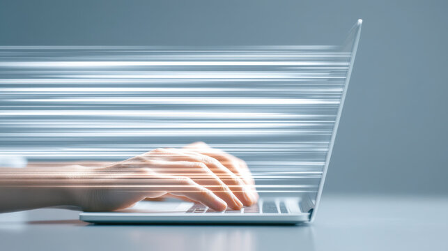 A close-up view of hands typing on a laptop keyboard, conveying speed and efficiency in a digital workspace.
