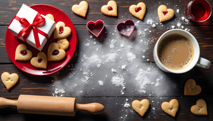 Valentine's Day breakfast with heart-shaped cookies, coffee, and a gift