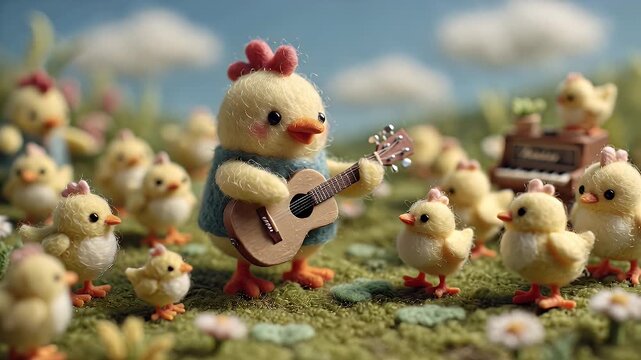 Charming Scene of a Singing Chick with Adorable Ducklings in a Lush Green Field