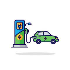 Green Electric Vehicle Charging at a Modern, Illustrated Charging Station.