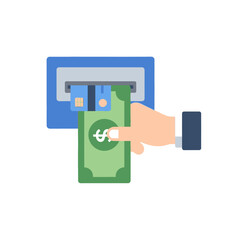 Hand withdrawing green dollar bill from blue ATM machine with credit card.