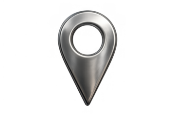 Silver metallic map pin icon showing location, navigation, and destination. 3d rendering with a transparent background