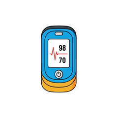Illustrated blue and orange pulse oximeter showing 98 SpO2 and 70 BPM heart rate.