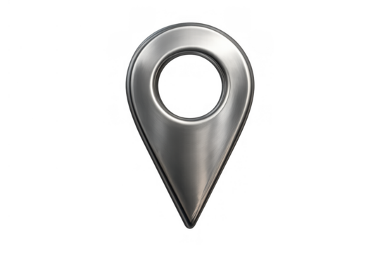 Silver metallic map pin icon showing location, navigation, and destination. 3d rendering with a transparent background