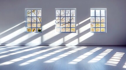 An empty room with three large windows, showing autumn trees outside. Sunlight streams through the windows, casting dramatic diagonal shadows across the white f