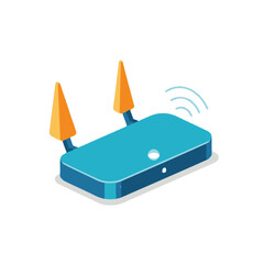 Isometric illustration of a blue Wi-Fi router with two orange cone-shaped antennas and a signal icon.