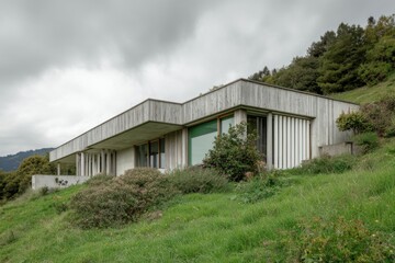 Modern architectural design stands out amid green hills in a tranquil rural setting, showcasing clean lines and environmentally integrated structure