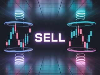 Sell neon sign with stock market candlestick charts.