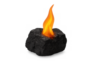 Burning coal briquette with orange flame showing heat and energy on a transparent background for various uses